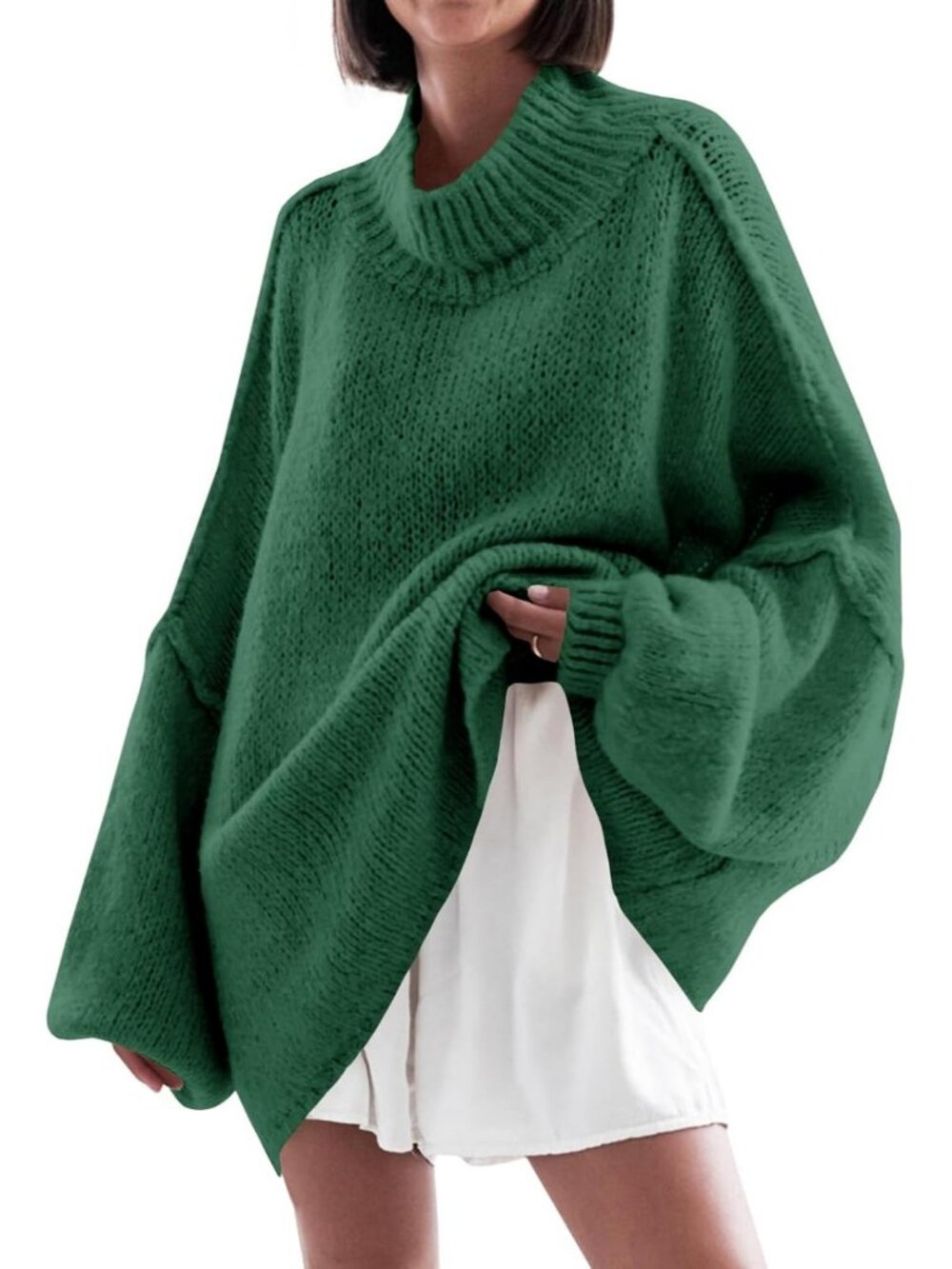 Women's Green Casual Oversized Sweaters Mock Neck Fall Winter Tunic Sweater